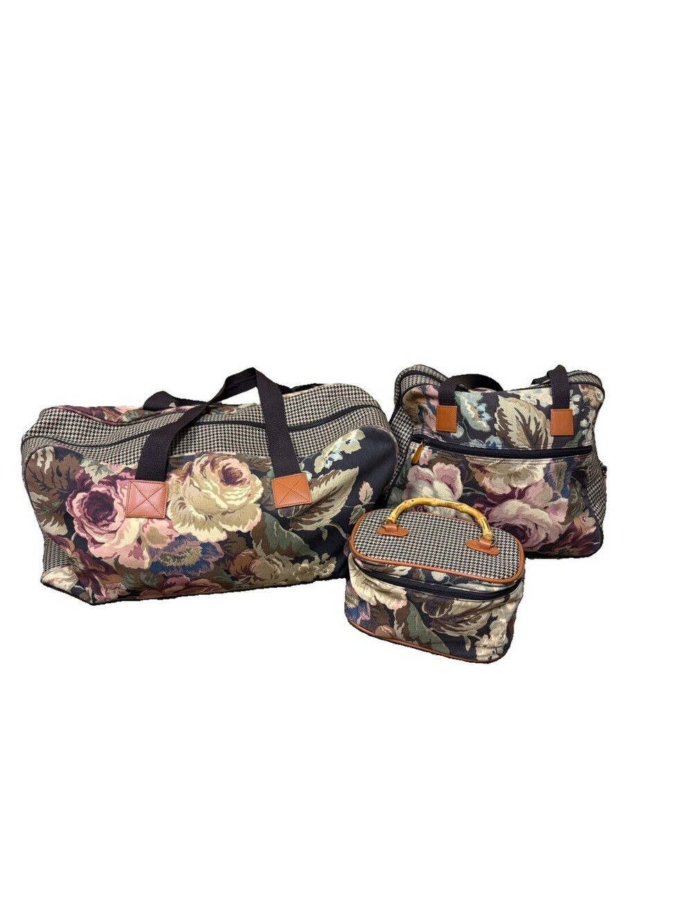 Vintage Avon Autumn Rose Travel Bag Set 3pc Duffel Tote Train Case MINT